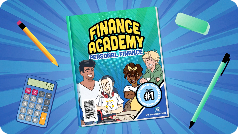 A finance academy book surrounded by a pencil, pen, eraser, and calculator. 
