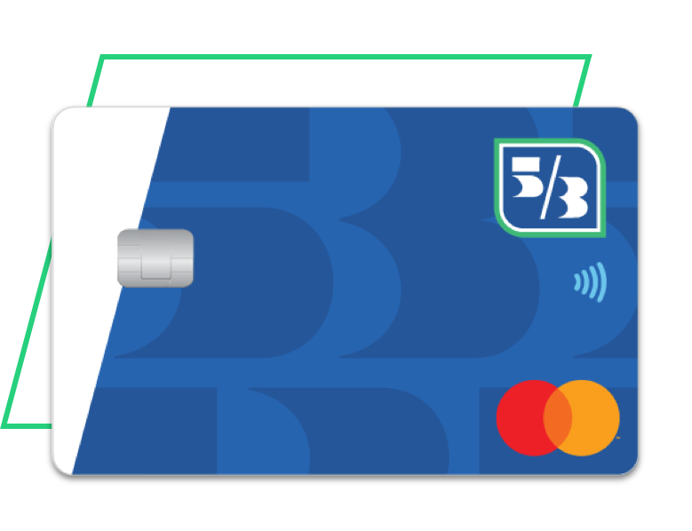 Close up view of a blue Fifth Third Secured Credit Card with contactless payment symbol and Fifth Third logo.