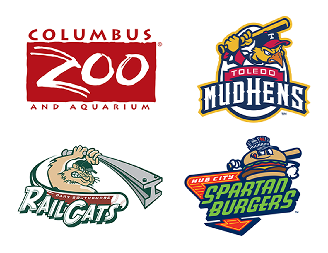 Columbus Zoo, Toledo Mud Hens, Gary Southshore Rail Cats, and Hub City Spartan Burgers logos